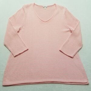 Talbots Sweater Large Pink White Stripe V Neck Linen Blend Costal Beach